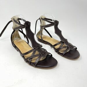Cresciente Brown Leather Sandals 38 Flat Ankle Boho Strappy Tan Stitching